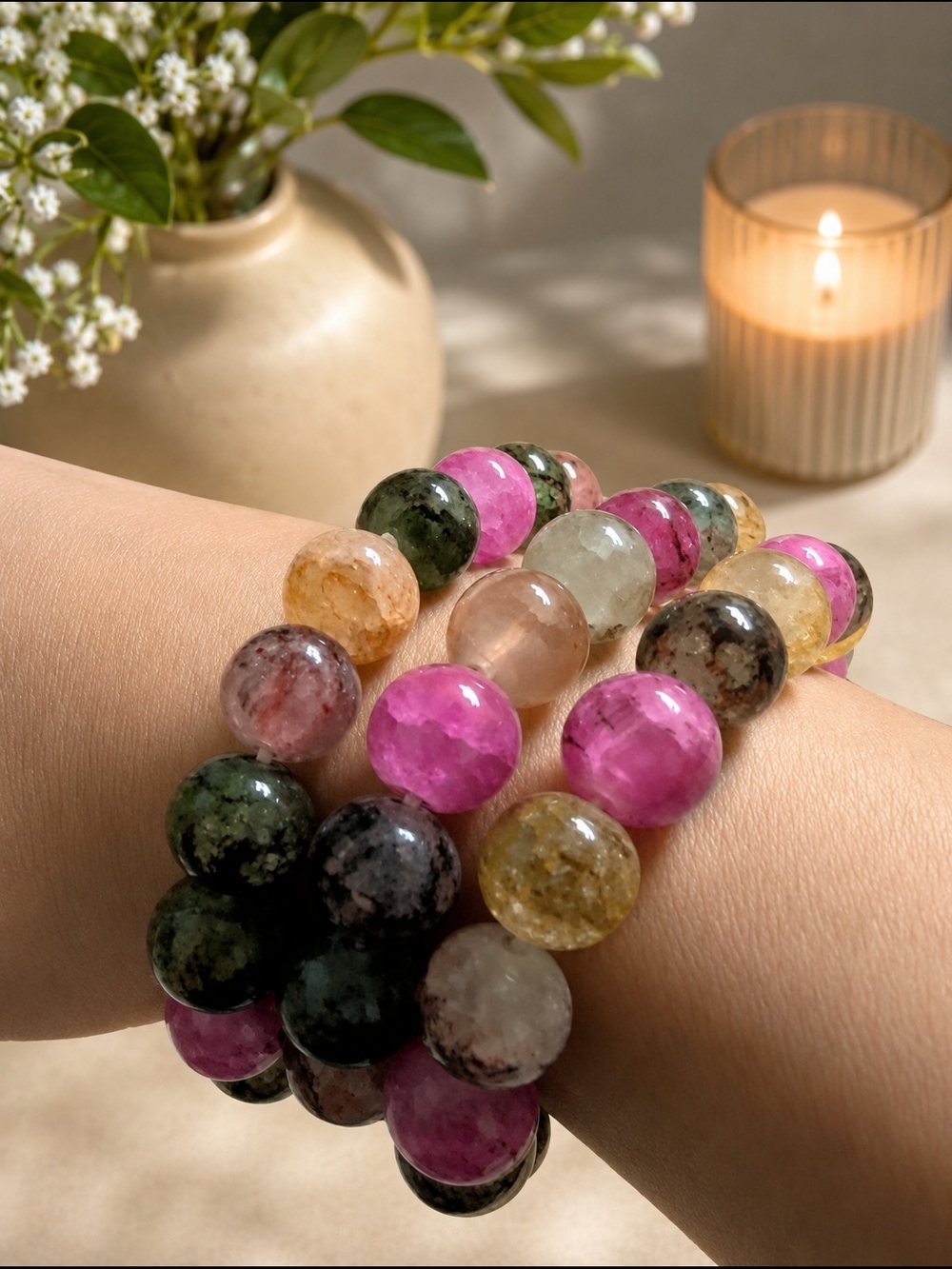 3 Multicolor Gemstone Beaded Stretch Bracelet - Pink, Green & Gold Tones